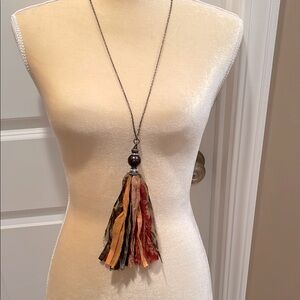 Bohemian Tassel Necklace with Multicolor brown orange and gold strands